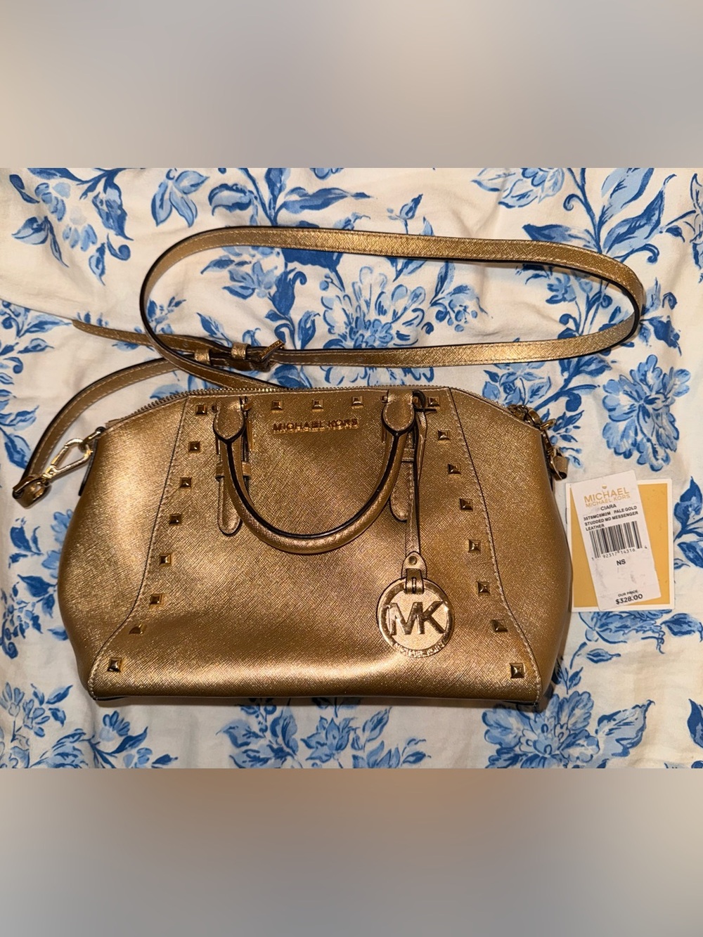 Michael Kors Ciara Metallic Gold Studded Logo Purse with Crossbody Strap & Charm